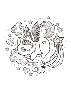 Unicorn Winged Caticorn Clouds Stars Cat Coloring Pages Pdf, Free Vectors File